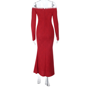 เดรสยาวทรงเข้ารูปสีพื้น แขนยาว คอปาด แต่งลูกไม้ สไตล์เซ็กซี่ สำหรับผู้หญิง แฟชั่นฤดูใบไม้ร่วง - Product Image 6