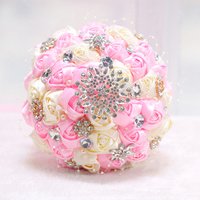 Buket Pengantin Mawar Satin Merah Muda Berdebu Kristal Rhinestone Mutiara Bunga Tangan Pernikahan