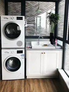 Çamaşır odası organizatör dolapları çamaşır makinesi ile lavabo dolabı ve Led ayna Modern Minimalist çamaşır dolapları