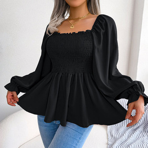Blusa Elegante Juvenil Casual con Cuello Cuadrado y Manga Larga, Camisa <span class=keywords><strong>de</strong></span> Gasa Elegante con Cintura Elástica, Tallas Grandes - Product Image 4