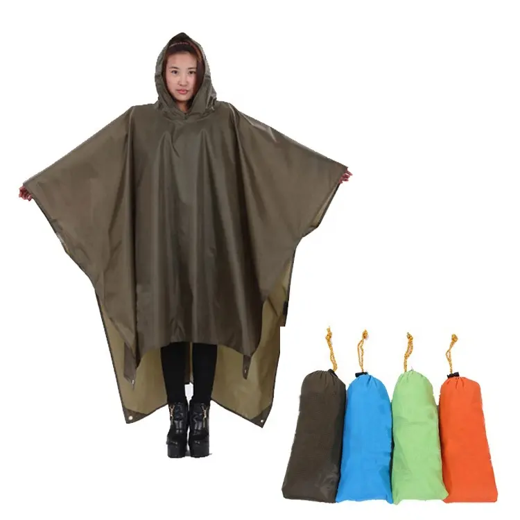 Đi Bộ Đường Dài Cắm Trại Cưỡi Săn Bắn Polyester Vải Tái Sử Dụng In Logo Nylon Poncho Không Thấm Nước Mưa Bánh Khẩn Cấp Poncho