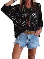 Pull-over élégant d'été pour femme, col en V, motif losanges, manches chauve-souris ajourées, tricoté à la main en polyester/spandex