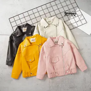 Kids Baby Girls PU Leather Zipper Jacket with Ruffle Decoration Lapel Version windbreaker Spring Clothing