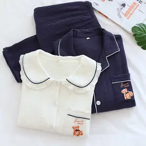 Factory Outlet Couple Suit Double Layer Cotton Crepe Homewear Solid Color Plus Size Pajamas