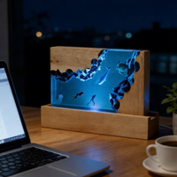 Lampe de nuit en résine époxy artisanale tortue marine et plongeur, base en bois USB, scène sous-marine 3D, lampe de table, cadeau marin pour chambre à coucher