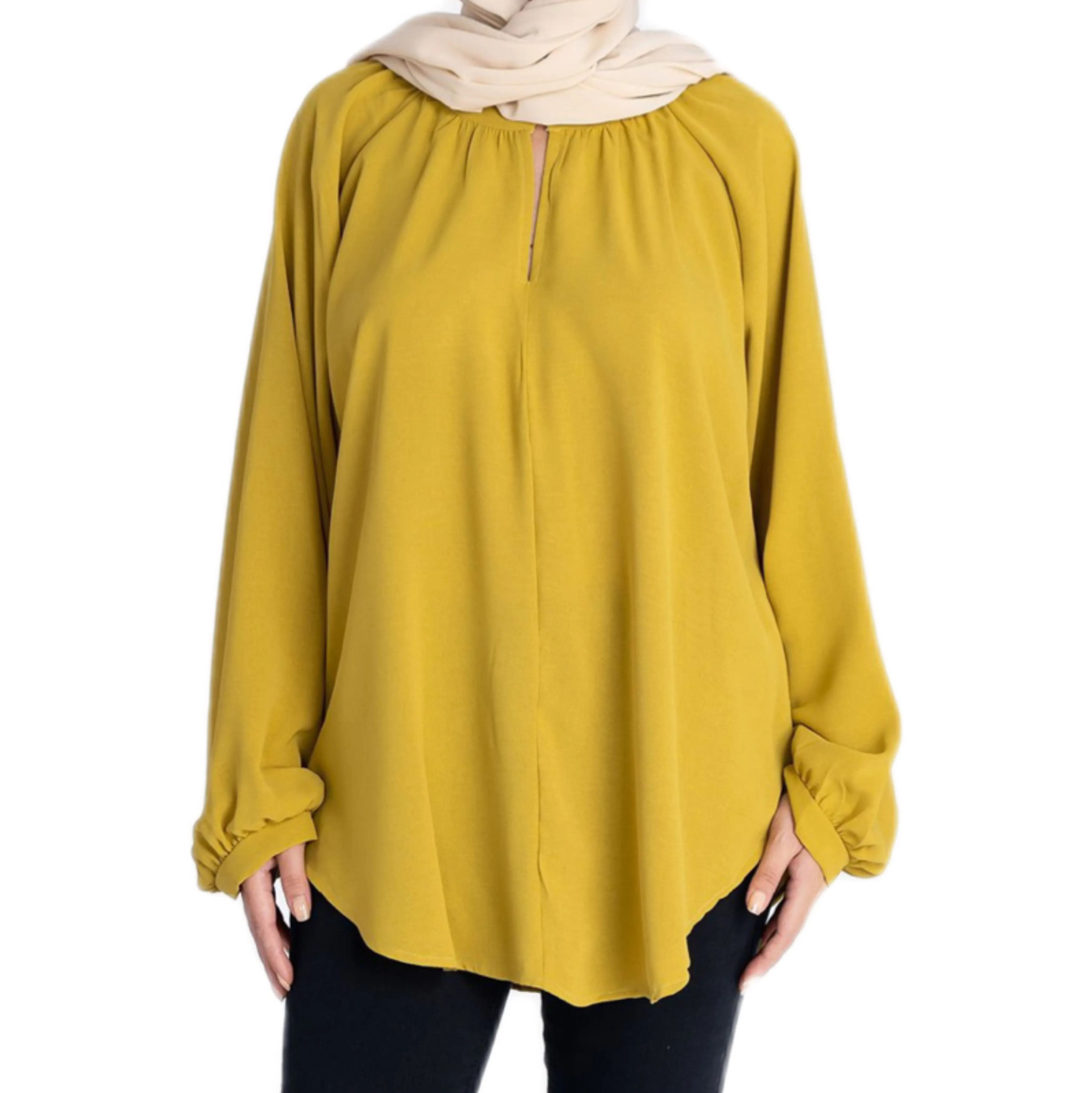 Camisa de mujer de manga larga multicolor con dobladillo curvo de cola de golondrina abotonada de longitud media de Color sólido musulmán