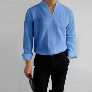 Chemises d'automne pour hommes à manches longues, décontractées et élégantes, pour le travail et les affaires, couleurs unies, col montant, coupe ajustée - Product Image 2