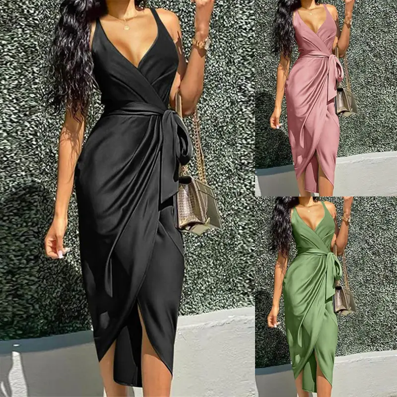 New Arrival 2024 Party Club Mature Women Wear V-neck Solid Irregular Slip Slim Fit Sexy Dress