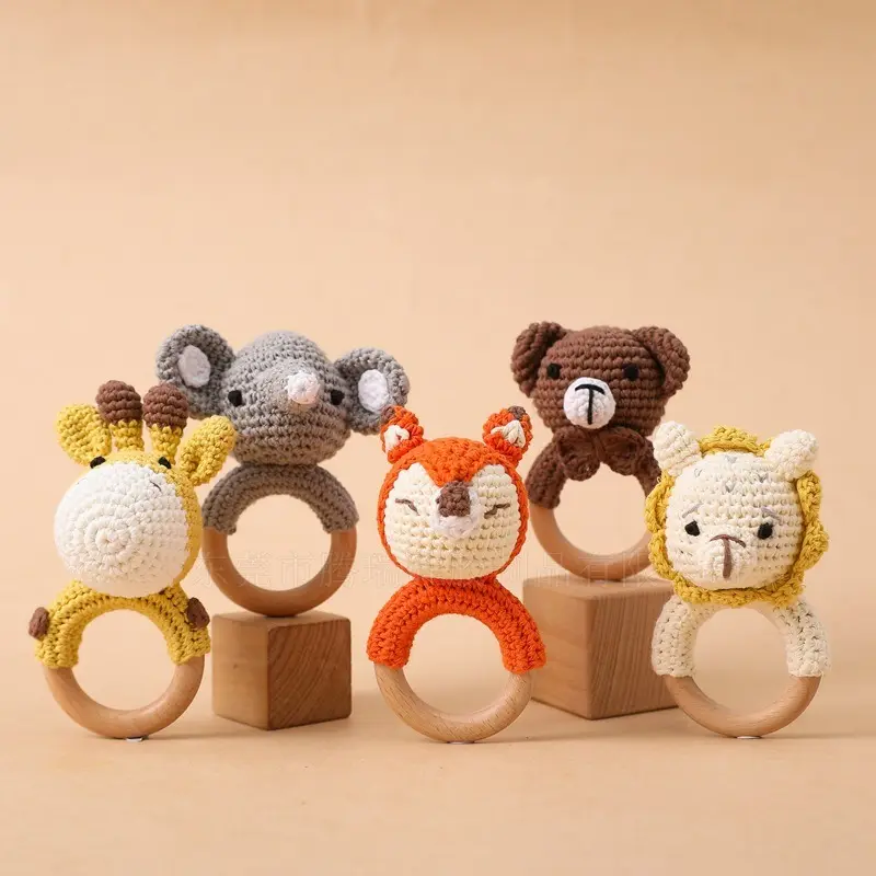 Factory price crochet rattle elephant bunny Fox knitted wooden mini toys handmade baby giveaway gift product chew toy baby