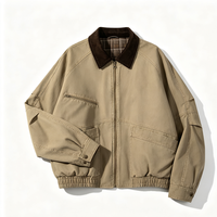 Blouson universitaire décontracté pour homme en sergé tissé kaki avec col en velours côtelé, doublé, à manches raglan, multi-poches, coupe oversize, style vintage, pour le printemps et l'automne, idéal pour le travail