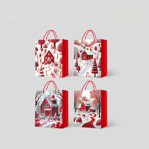 33149 Petit sac cadeau en papier doré 65G, motif maison rouge hiver, cadeau de Noël - Product Image 1