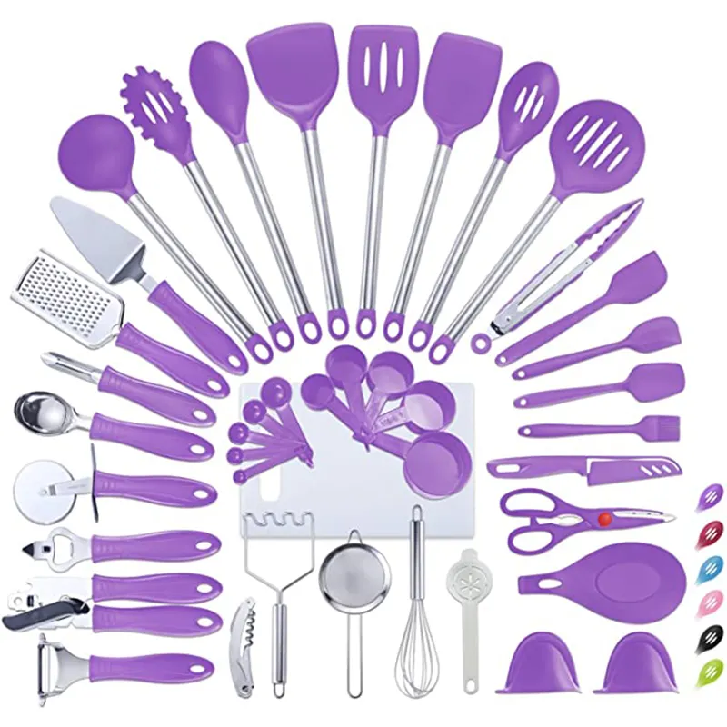 Juego de utensilios de cocina de nailon púrpura de 42 Uds. Y mango de acero inoxidable, utensilios de cocina para hornear para el hogar, utensilios de cocina útiles