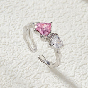 Double Heart Open Ring Pink White Color <b>Block</b> Adjustable Index Finger Ring Prong Setting Luxury Jewelry Gift - Product Image 1