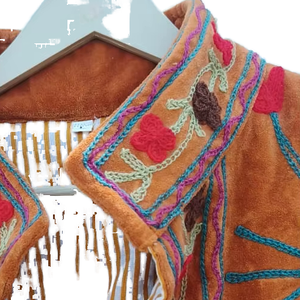 Veste réversible en velours marron à franges, écologique, avec broderie florale, col en V, manches longues, style hiver, pour femmes - Product Image 3