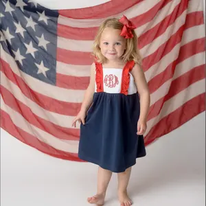 어린 소녀 애국 복장 7 월 4 일 모노그램된 거품 드레스 개인화 된 아기 유아 소녀 여름 의류