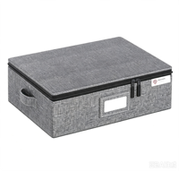 Boîte de rangement en lin gris avec fermeture éclair, poignée latérale et fenêtre pour étiquette, organisateur pliable anti-poussière pour vêtements et rangement de placard