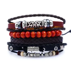 Fashion Handmade Accessories Multilayer Braid wide bead leather wrap fashion gothic leather bracelet for man