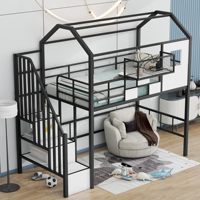 Lit superposé moderne en métal pour deux personnes/demi-lits XL avec escalier et rangement, réglable, écologique, durable, sans sommier, noir, pour tout-petits et enfants