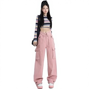 High-waisted Casual Sweet-and-cool Cotton Solid Loose Fit Wide Leg <strong>Cargo</strong> Pants <strong>Womens</strong> Versatile <strong>Cuffed</strong> American-style Chic - Product Image 1