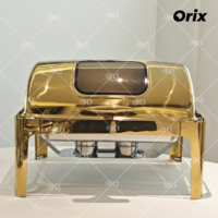 ORIX Réchaud de buffet rectangulaire de luxe doré avec couvercle à charnière et fenêtre de visualisation en acier inoxydable pour le maintien au chaud des aliments