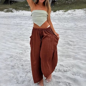 Y2K Wide Leg Pants Women's <strong>Linen</strong> Cotton Blend Elastic High Waist Wide Leg Pants Ruched Ankle Tie Casual <strong>Trousers</strong> - Product Image 2