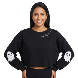Women's <b>Black</b> <b>Fleece</b> Sweatshirt Ghost Appliques Drop Shoulder Crewneck Oversize Halloween Spooky Season Print Autumn Winter Wear - Product Image 1