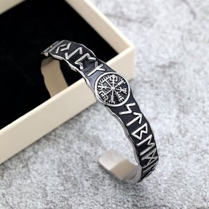 Pulsera vikinga nórdica de acero inoxidable con símbolos vikingos, diseño abierto en forma de C, joyería unisex, regalo para hombres y mujeres - Product Image 3