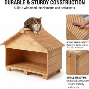 Maison pour chat en bois, abri extérieur pour animaux de compagnie, rectangulaire, durable, respirant, imperméable, chaud, petite taille, pour chats, toutes saisons - Product Image 2