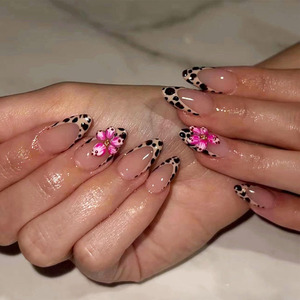 <span class=keywords><strong>Uñas</strong></span> <span class=keywords><strong>Postizas</strong></span> Pre-diseñadas con Estampado de Leopardo y Almendras, Estilo Francés con Flores Pintadas, 24 Piezas, Europa América - Product Image 1
