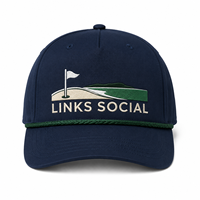 Gorra de golf de cuerda azul marino al por mayor con visera curva, insignia de Links, paquete para eventos de resort para compradores de hostelería con etiqueta personalizada