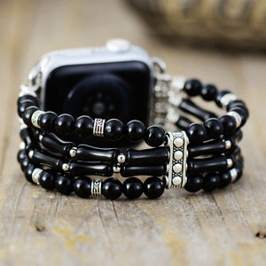 Correa elástica con cuentas de ágata negra para Apple Watch, banda de piedra natural de varias capas, accesorio de moda para reloj inteligente - Product Image 1