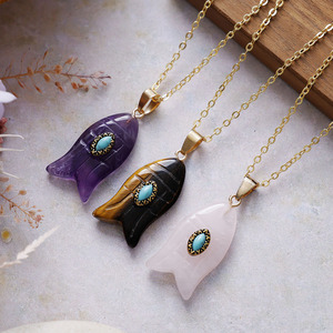 Collier pendentif en forme de poisson, améthyste, œil de tigre, quartz rose, plaqué or 18 carats, serti clos, bijoux en alliage de zinc, cadeau - Product Image 1