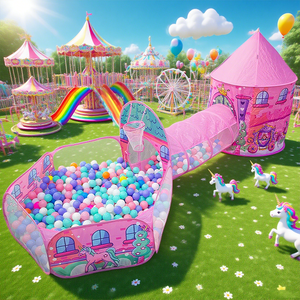 Venta caliente Pink Unicorn Carriage Juego <span class=keywords><strong>de</strong></span> 3 piezas Fairy Tale Castle Play House Crawl Tunnel & Ball Pit para niños pequeños - Product Image 4