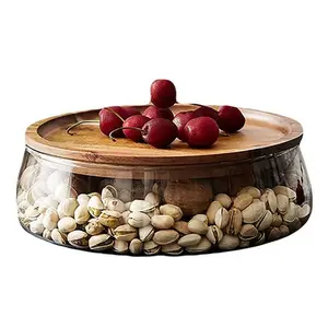 Home Decoration Custom Acacia Wood And Glass Plate Fruit Snack Container Dish Wooden Serving Tray With Glass Bowl