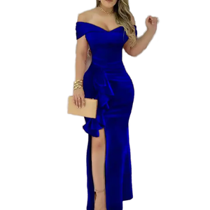 Vestido Maxi Elegante de Terciopelo Estilo Sirena 2025 para Mujer, Largo, con Volantes y Abertura Lateral, Color Azul - Product Image 2