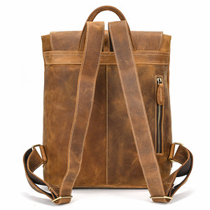 Retro Crazy Horse Leather <b>Backpack</b> 14 Inch Laptop Bag Men's Flap Closure Casual Travel Schoolbag - Product Image 3