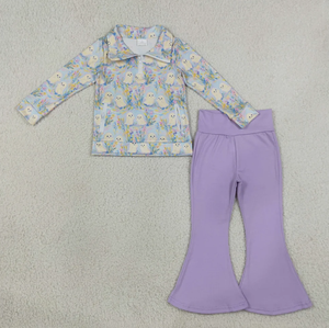 Ensemble polo à demi-zip et pantalon évasé pour petites filles, imprimé fantôme de Pâques, manches longues, tenue décontractée pour enfants - Product Image 3