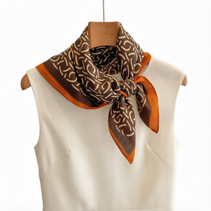 Elegant Women's 100% <b>Silk</b> <b>Square</b> <b>Scarf</b> Geometric Pattern Brown Orange Border Multi-Functional Fashion Accessory All Seasons - Product Image 1