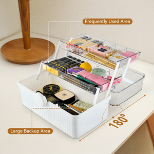 3-Layer Foldable Makeup Organizer Box with Handle Clear <b>Plastic</b> Cosmetic <b>Storage</b> Case with Lid Portable Beauty Organizer - Product Image 5