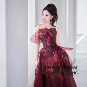 Strapless Claret Evening Dress Empire Waist Ball Gown For Coming Of Age Ceremony Women's Formal Wear - Product Image 4