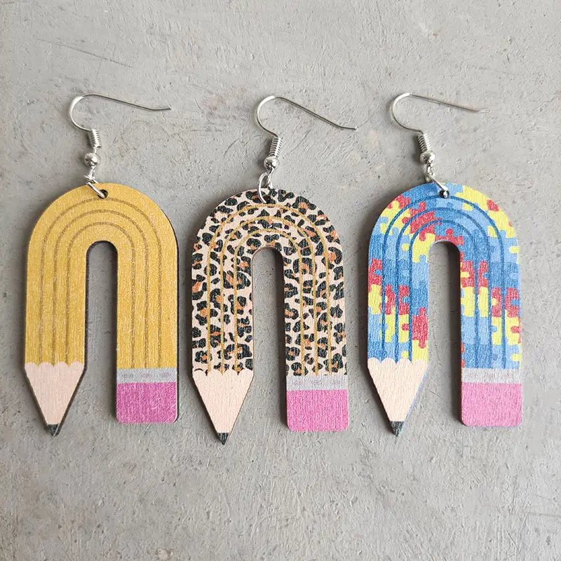 Hot sell Fashion Teacher's Gift Creative Leopard Pencil-shape Wood Earrings