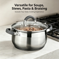 Batterie de cuisine haut de gamme en acier inoxydable robuste avec casseroles, couvercles en verre, compatible induction, écologique, compatible lave-vaisselle, poignées en silicone