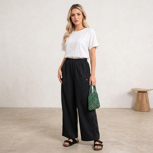 <span class=keywords><strong>Pantaloni</strong></span> Larghi in <span class=keywords><strong>Lino</strong></span> <span class=keywords><strong>Grigio</strong></span> Scuro Personalizzati per Donna, Vita Alta Elastica, Comodi e Casual con Tasche Laterali - Product Image 4
