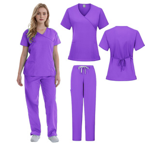 Women's <b>Scrub</b> Suit <b>Set</b> Short Sleeve V Neck Moisture Wicking Hospital Uniforms For Nurses Surgeons Split Design With Label - Product Image 5