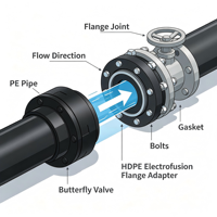 Adaptor Flensa Elektrofusi HDPE Ujung Tumpul dengan Cincin Penyangga Baja Galvanis DIN PN10 PN16 untuk Katup Air Pompa DN50-DN630