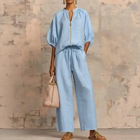Ensemble pantalon deux pièces tendance été 2026 pour femme, grande taille, streetwear, haut uni à fermeture éclair à manches courtes et pantalon palazzo, vente en gros