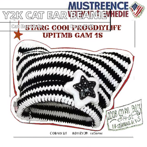 MADESHINE Y2K Hiver Jacquard Bonnet Chapeau Rayé Tricoté Étoile Croix Mignon Chat Oreille <span class=keywords><strong>Diable</strong></span> <span class=keywords><strong>Corne</strong></span> Chaud Crochet 3D Broderie Plage - Product Image 2
