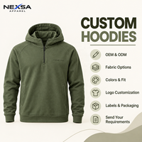 Vêtements en gros pour hommes, sweat à capuche vert olive à col montant et fermeture éclair quart, manches raglan, poches latérales, décontracté, logo personnalisé, OEM, prix bas