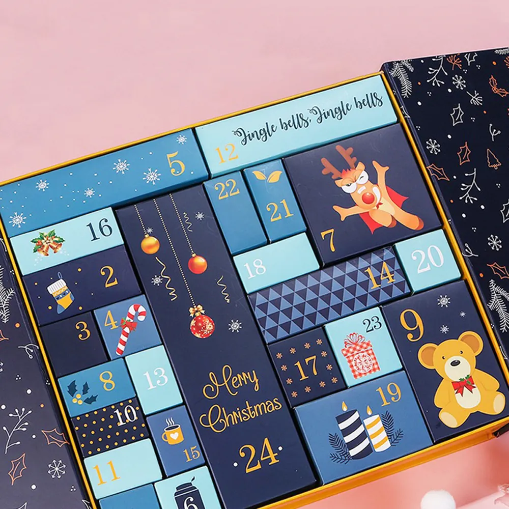 Aangepaste Hoge Kwaliteit 24 Dagen Countdown Kerst Advent Cookie Chocolade Kalender Blind Verpakking Dozen