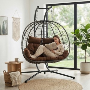 Fauteuil <span class=keywords><strong>suspendu</strong></span> <span class=keywords><strong>double</strong></span> moderne en acier avec coussin et support, idéal pour patio, chambre, balcon et jardin (utilisation intérieure/extérieure, marron) - Product Image 3